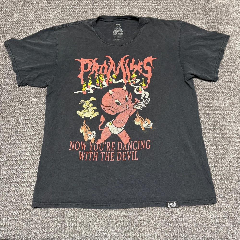 Broken Promises Mens Hot Stuff Devil‎ Graphic T Shirt Large Faded Black Cotton